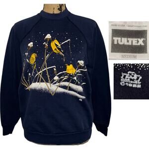 90s Tultex Yellow Finches Crewneck Sweatshirt Navy Blue Size Medium Vintage